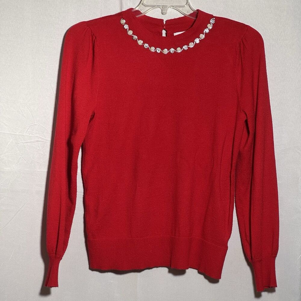 Liz Claiborne Womens Red Sweater S Rhinestone Embellished Neckline Puff Sleeve